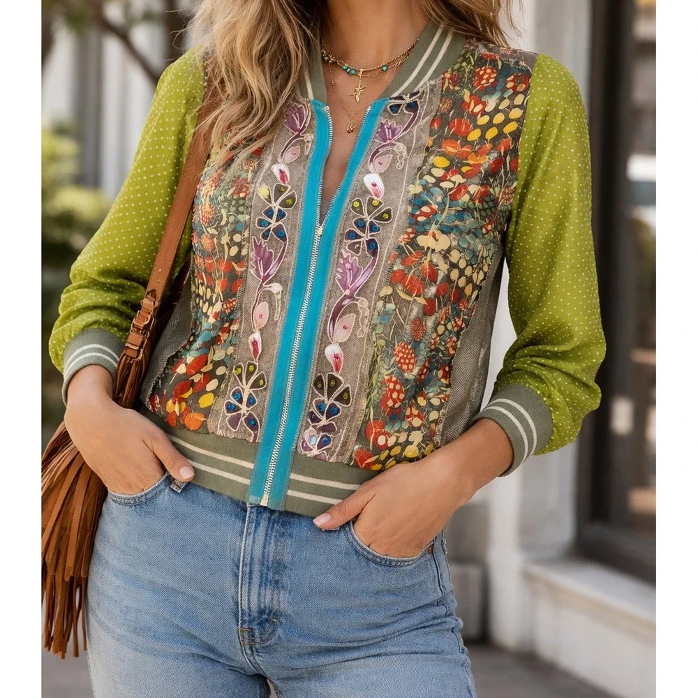 Wooxoom Paris Silk Patchwork Bomber Jacket Embroidered Mesh Green T3 Medium Rare